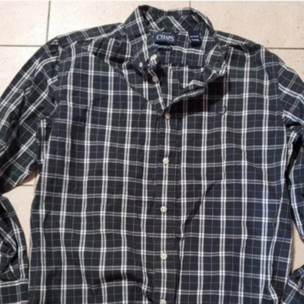 Chaps Button Front Shirt Black Custom Fit Long Sleeve Checkered XL A836